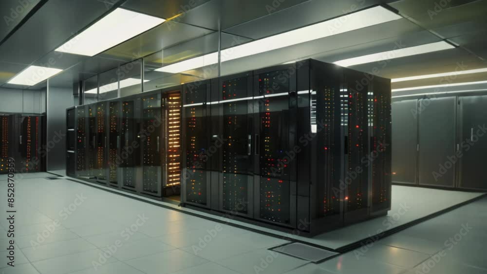Poster a room filled with numerous servers buzzing and processing data, an innovative computer system that 