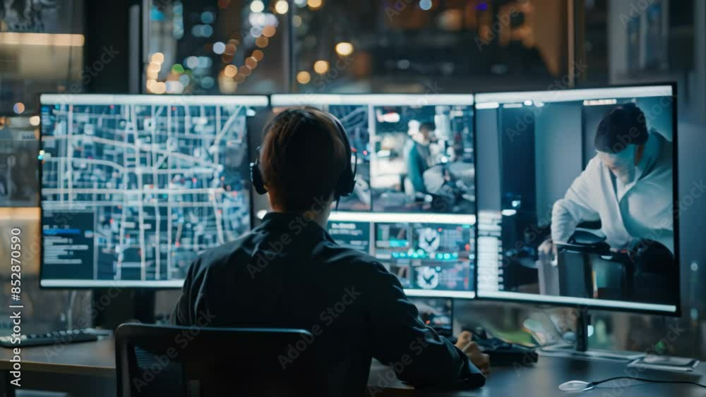 Poster a man is seated at a desk, focused on two computer monitors displaying information and data, an inno