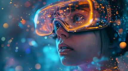 Cinematic Closeup of Holographic Augmented Reality Helmet with Digital Elements Floating in Space, Capturing Detailed Facial Expressions and Virtual Interactions for an Immersive Experience