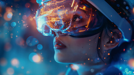 Cinematic Closeup of Holographic Augmented Reality Helmet with Digital Elements Floating in Space, Capturing Detailed Facial Expressions and Virtual Interactions for an Immersive Experience