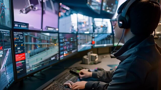 A man wearing headphones is focused on using a computer, An innovative control hub, integrating AI and IoT technologies to streamline urban operations