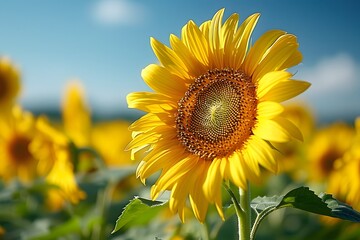 Obraz premium Vibrant Sunflower Bloom in a Sunny Field Perfect for Summer Themes, Nature Posters, and Floral Decor