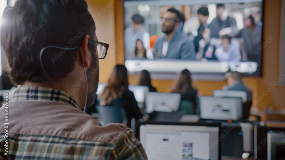 Poster a man focused on watching a video on a large screen in a room, an instructor hosting a live lecture 