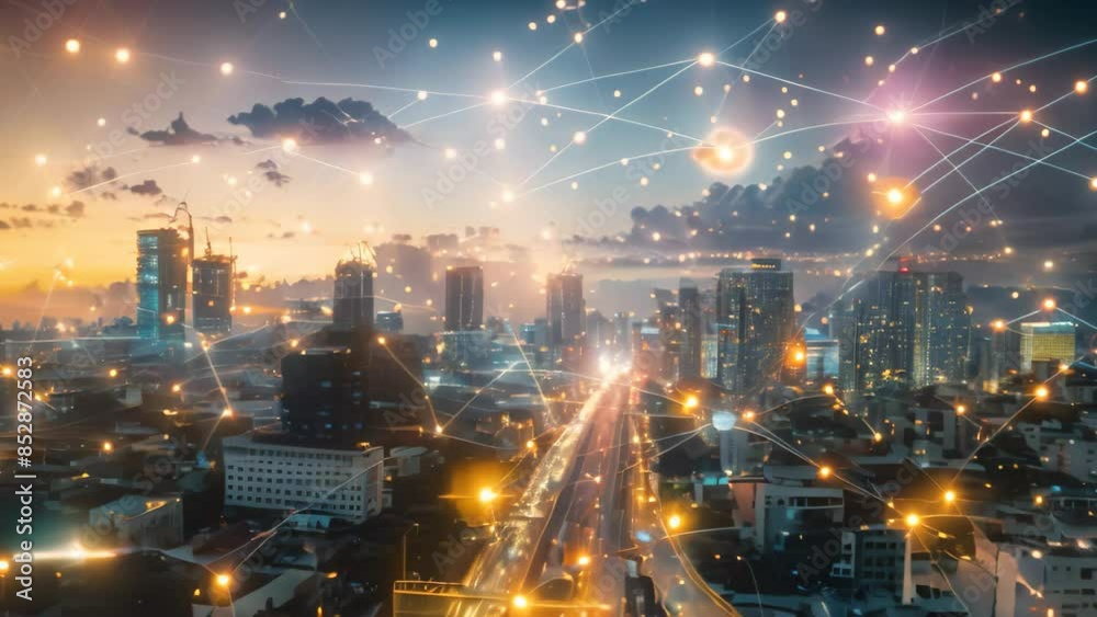 Poster modern cityscape with connected lines and dots, an intelligent control hub, leveraging data-driven i