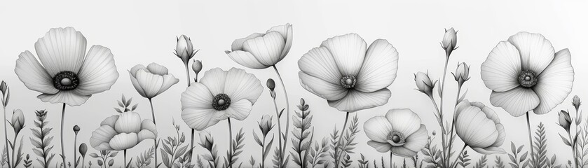 Fototapeta premium Black and white pencil drawing of poppy flowers.