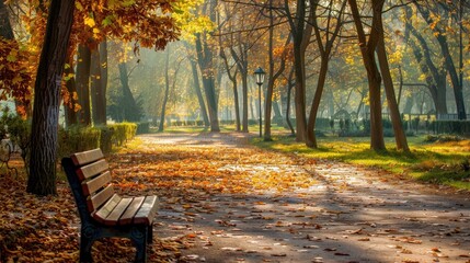 Fototapeta premium Bench made of wood and trees in the park under the gentle sunlight