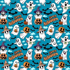 Halloween seamless pattern - creepy pumpkin lanterns with scary faces, traditional holiday halloween symbols ,seamless texture