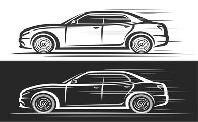 Vector logo for Sedan Car, horizontal automotive banners with simple contour illustration of monochrome elegant concept car in moving, decorative running large sedan on black and white background