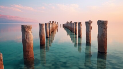 a serene view of the sea at sunset with some logs standing tall