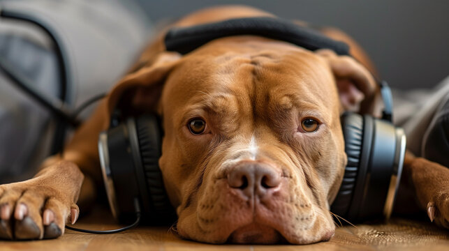 Pitbull dog laying with headphones