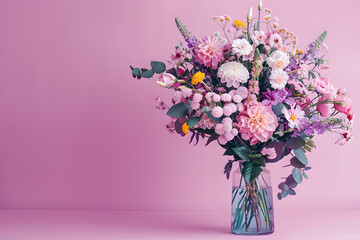 Fototapeta premium A detailed image of a bouquet of fresh flowers in a vase on a solid pastel purple background, creating a cheerful and bright atmosphere