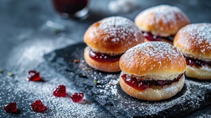 German delicacies known as krapfen or berliner delectably filled with jam elegantly presented on a dark marble table Captured with a selective focus under natural light