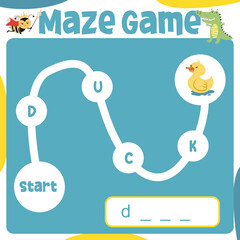 Maze game worksheet. Worksheet for learning English. Educational activity for children. Printable activity page for kids. Simple educational printable worksheet. 