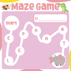 Maze game worksheet. Worksheet for learning English. Educational activity for children. Printable activity page for kids. Simple educational printable worksheet. 