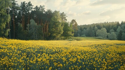 Obraz premium A scenic summer view of a blooming rapeseed field beside a forest
