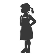 Pensive Girl Silhouette: Side Profile, Dress with Straps, Ponytail, Hands on Hips.