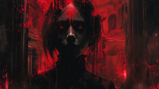 Horror-themed illustration with dark tones and red highlights