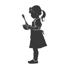 Silhouette: Little Girl Baking, Apron, Bowl & Spoon, Ponytail.