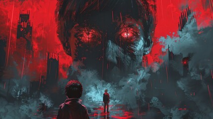 Horror-themed illustration with dark tones and red highlights