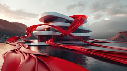 realistic and futuristic design of luxury building architecture with red ribbon