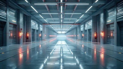 Expansive distribution center, clean design, front view, showing logistic capabilities, scifi tone, Splitcomplementary color scheme