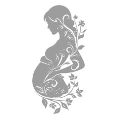 Fototapeta premium Floral Gestation: Silver Silhouette of Pregnant Woman with Flourishing Vines.