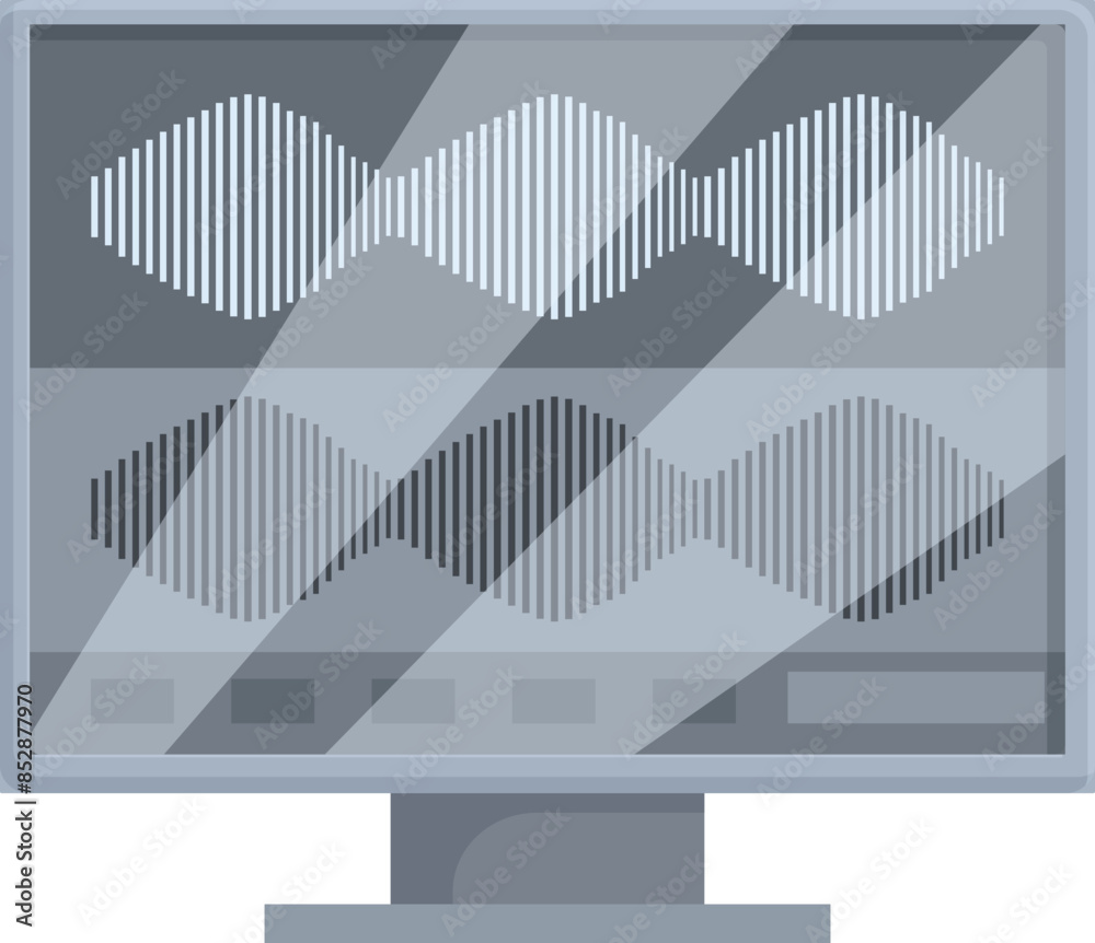 Poster computer screen showing audio editing software displaying a sound waveform, for concepts such as mus