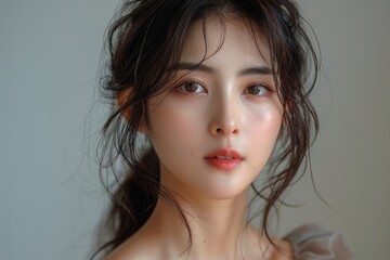 photograph of a beautiful woman wearing an elegant satin dress, light background