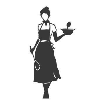 Retro Silhouette: Woman Chef in Apron Serving Bowl, Culinary Icon.