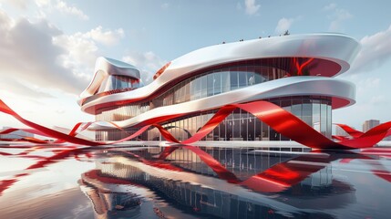 realistic and futuristic design of luxury building architecture with red ribbon