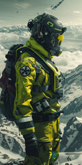 Obraz premium A futuristic rescue worker in yellow gear, standing on a snowy mountain with drones in the sky