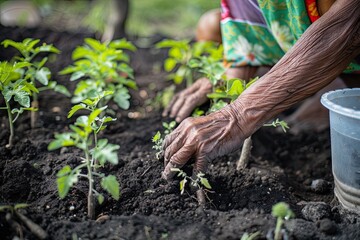 The hands of an elderly woman are sorting seedlings in a garden bed. The concept of field work in the garden.