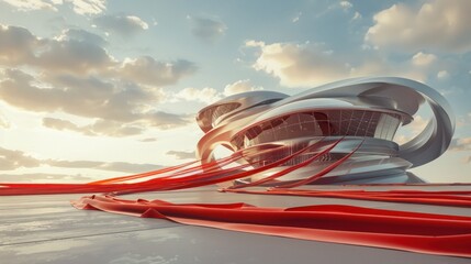 realistic and futuristic design of luxury building architecture with red ribbon