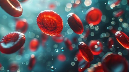 Artistic representation of erythrocytes traveling through the bloodstream, highlighting their distinct biconcave shape and vivid red color, realistic and dynamic.