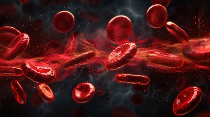 Artistic representation of erythrocytes traveling through the bloodstream, highlighting their distinct biconcave shape and vivid red color, realistic and dynamic.