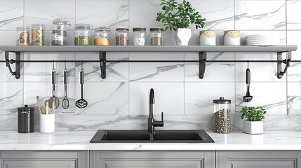 a modern kitchen interior featuring gray cabinets, a marble countertop, and a black sink, with a wall shelf decorated with jars of spices and decor accessories.