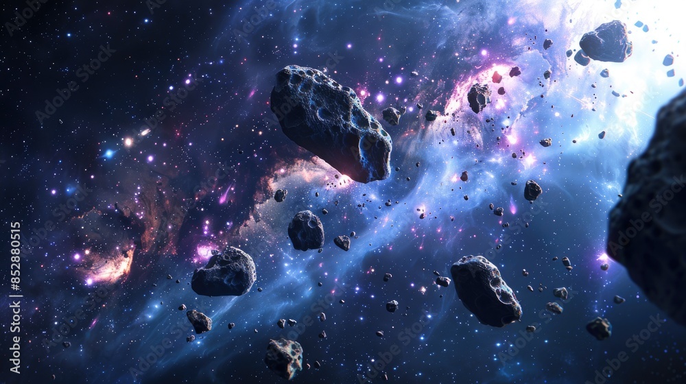 Wall mural numerous asteroids making their way towards a stunning nebula form the captivating scene captured in