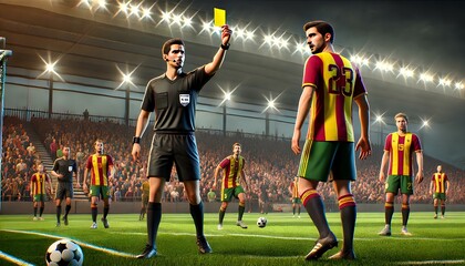 A football referee shows a yellow card to a player on a lit soccer field, capturing a tense moment.