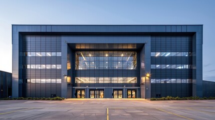 Obraz premium Industrial warehouse exterior, contemporary architecture, front view, demonstrating expansive structure, technology tone, Monochromatic Color Scheme