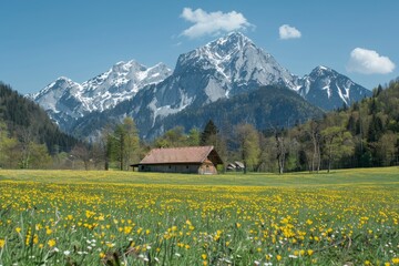 Sunny day in the alps, idyllic spring mountain landscape with blossoming meadows