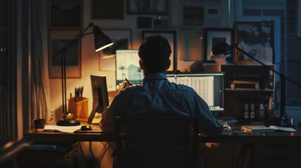 Obraz premium At night in modern office young businessman sit at workplace desk work on laptop over hours feels tired take off glasses reduces eyestrain, rubbing dry irritated eyes rests from pc. Afterhours concept