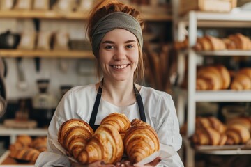 Female baker presenting freshly baked croissants in professional bakery setting on white background