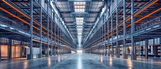 Modern spacious warehouse interior, sleek design, top view, showcasing vast storage space, advanced tone, complementary color scheme