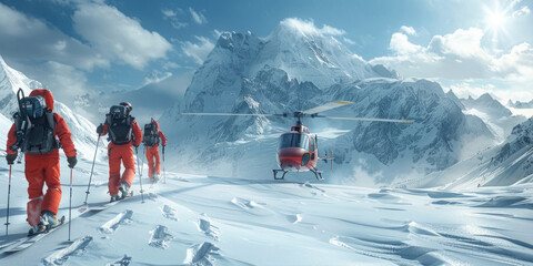 Heli-skiing. People are about to board a helicopter for extreme skiing
