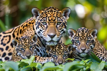 Fototapeta premium Impressive image of jaguar family mother with two cubs in a start up pose captured beautifully