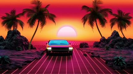 Retro Sunset Drive With Palm Trees