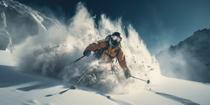 A skier conquers the breathtaking snowy mountain slopes of peaks. Heli sking