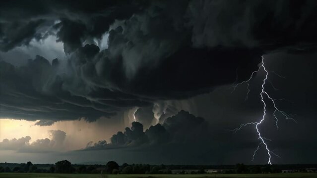 A view of black clouds accompanied by lightning striking