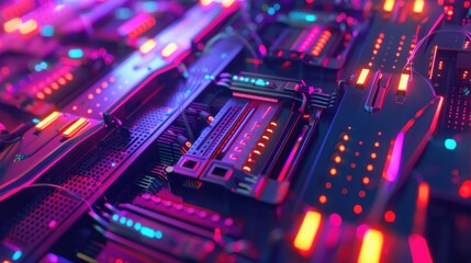 Obraz premium Data center servers with seamless energy integration, efficient data management theme, top view, demonstrating optimized power usage, futuristic tone, triadic color scheme