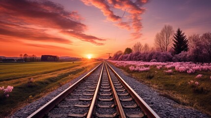 beautiful view of the railway line stretching into the distance towards the sunset